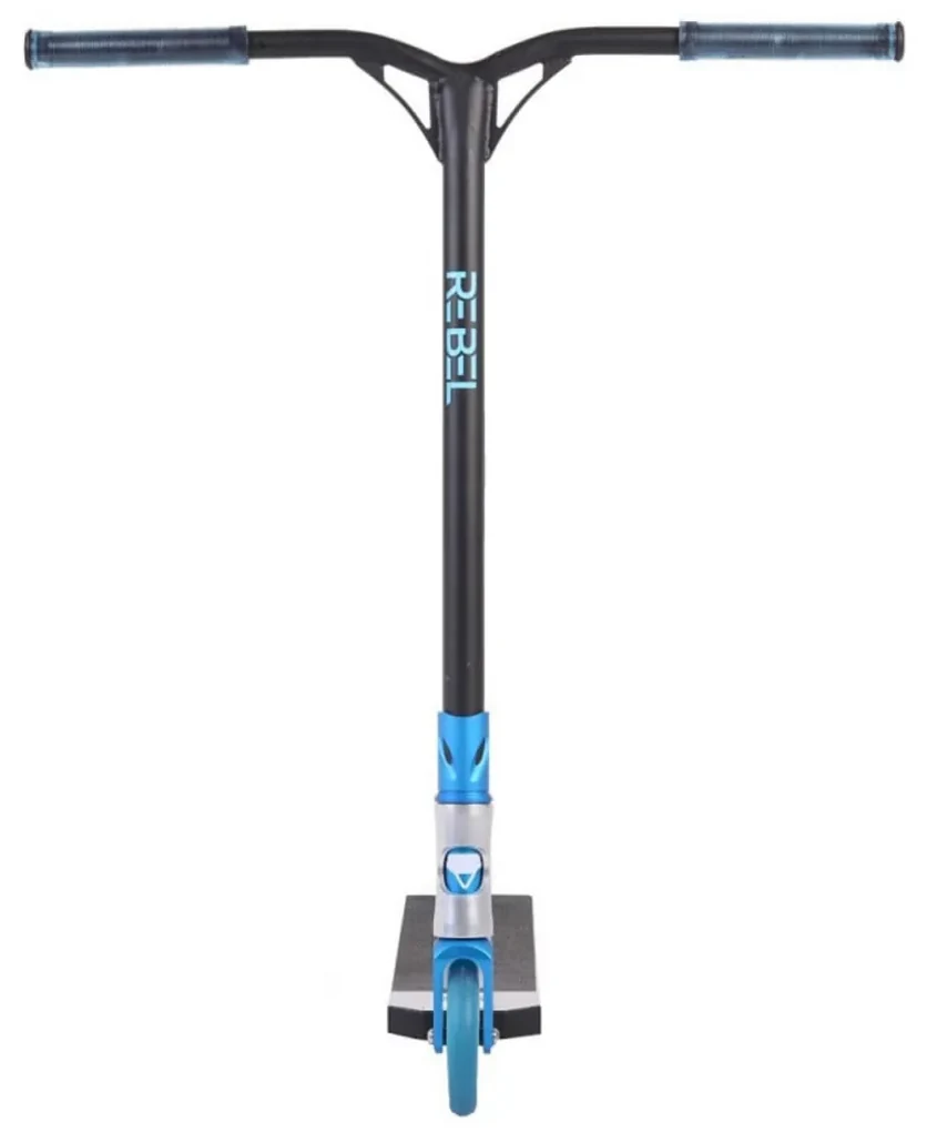 Trotineta Freestyle NOVOKIDS™ Rebel Stunter PRO, Maner 67 cm latime, Max 100 kg, Frana picior, Cadru si roti aluminiu, Diametru roata 120 mm, Albastru