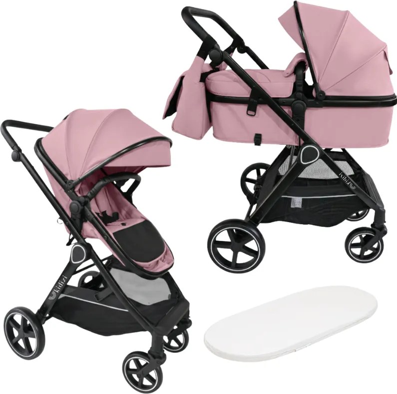 Carucior copii 2 in 1 Kidizi Moveo roz landou transformabil in parte sport, cadru black, de la nastere pana la 22 kg (0–4 ani), saltea si geanta incluse