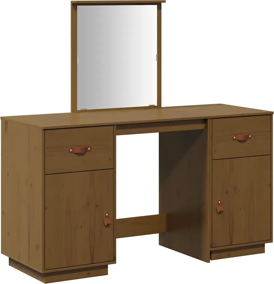 vidaXL Set masă de toaletă cu oglindă, maro miere, lemn masiv de pin
