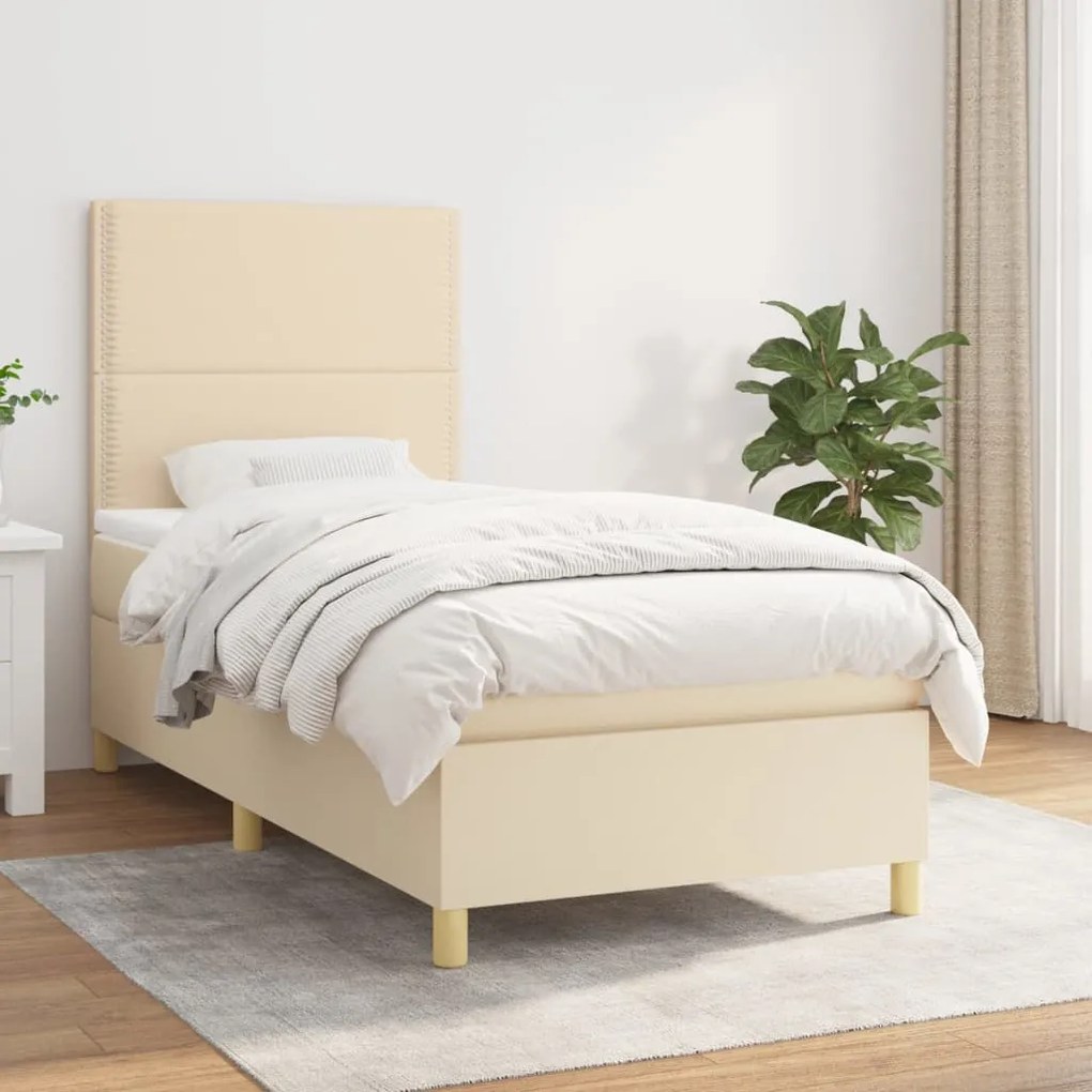 vidaXL Pat box spring cu saltea, crem, 90x200 cm, textil