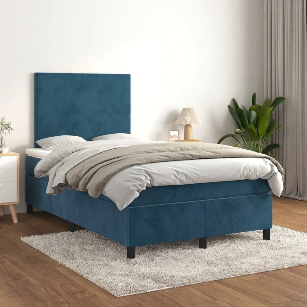 3142897 vidaXL Pat box spring cu saltea, albastru închis, 120x200 cm, catifea