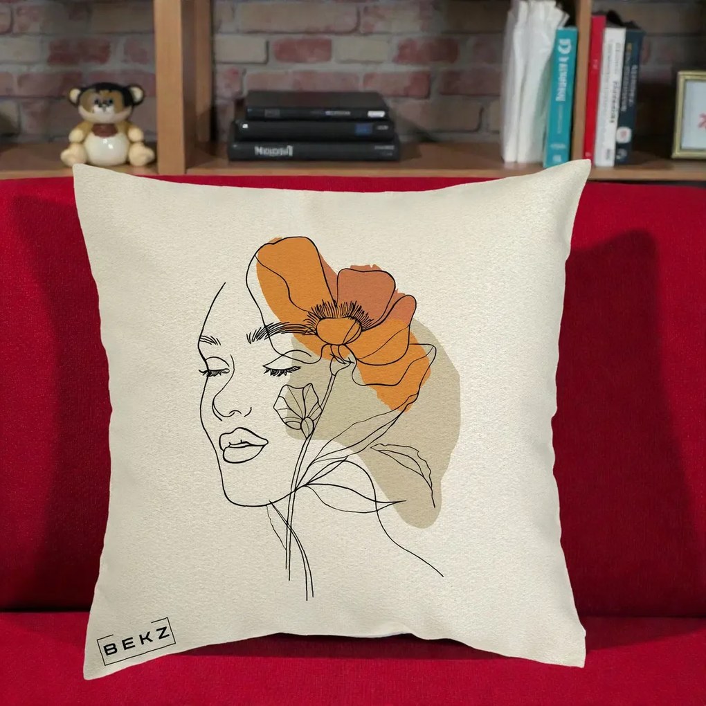 Perna Decorativa Portret Feminin Mac Mare Portocaliu, 40x40 cm, Ecru, Husa Detasabila, Perna Inclusa, BEKZ®