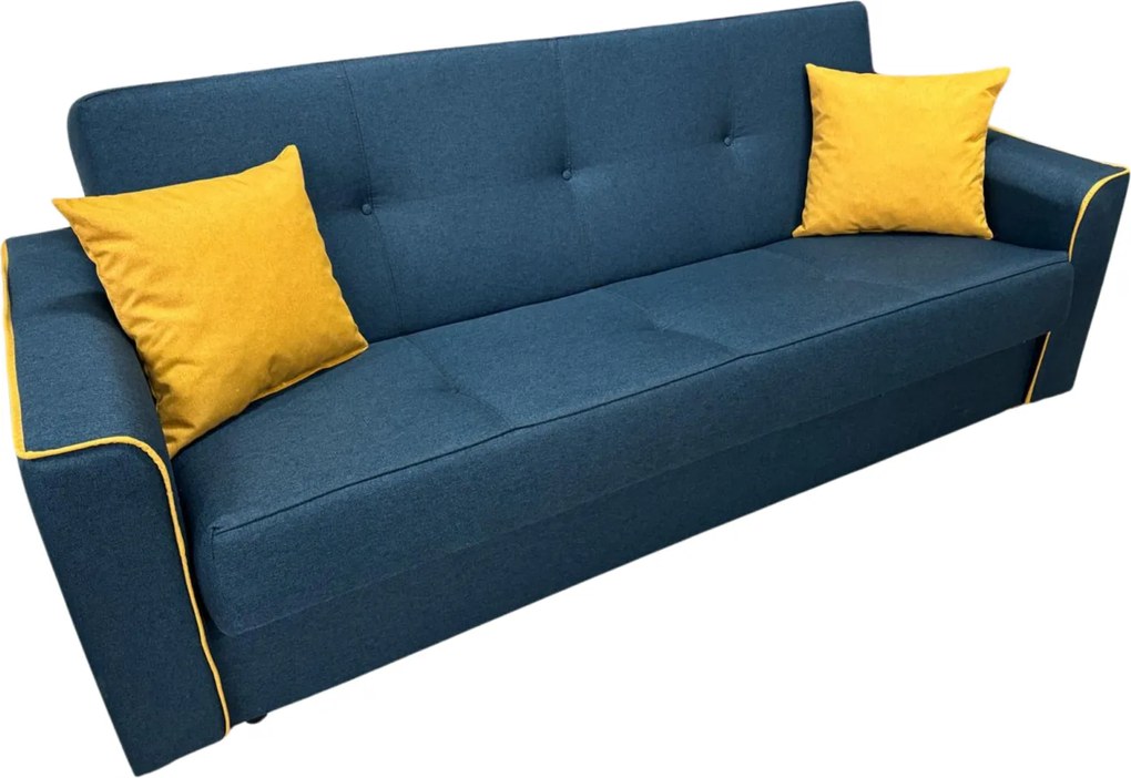 Canapea VERA extensibila, 3 locuri, lada de depozitare, stofa bleumarin + galben, 225x90x90 Bleumarin + Galben, Stofa
