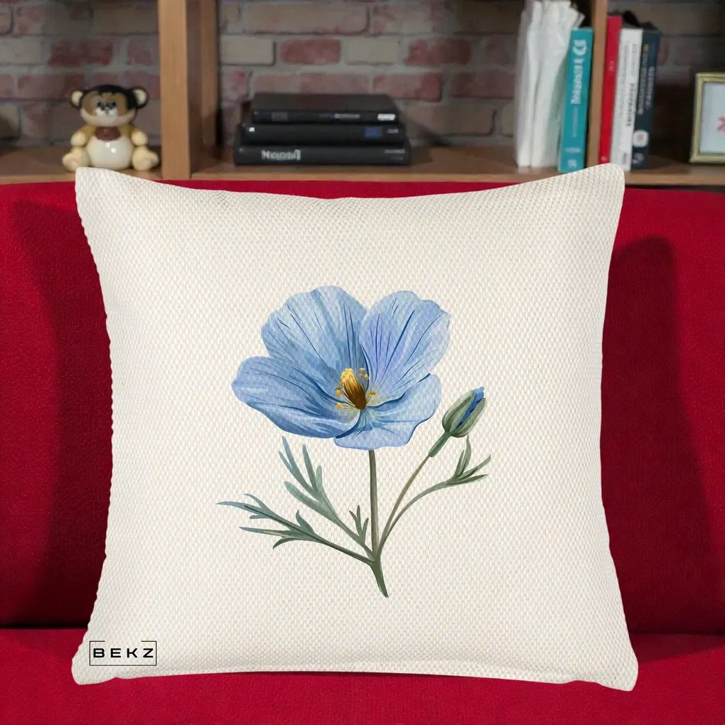 Perna Decorativa Mac Albastru Acuarela, 40x40 cm, Crem Reliefat, Husa Detasabila, Perna Inclusa, BEKZ®