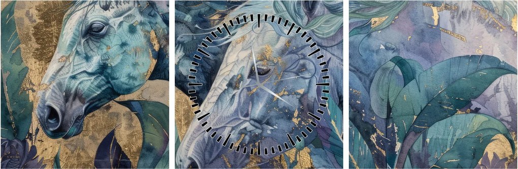 Tablou - Cai cu fundal auriu (cu ceas) (90x30 cm)