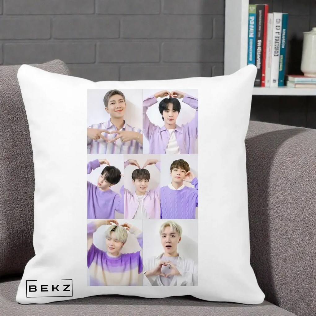 Perna Personalizata K-pop BTS Colaj 7 Portrete cu Inimi Lila, 40x40 cm, Alba Mata, Husa Detasabila, Perna Inclusa, BEKZ®