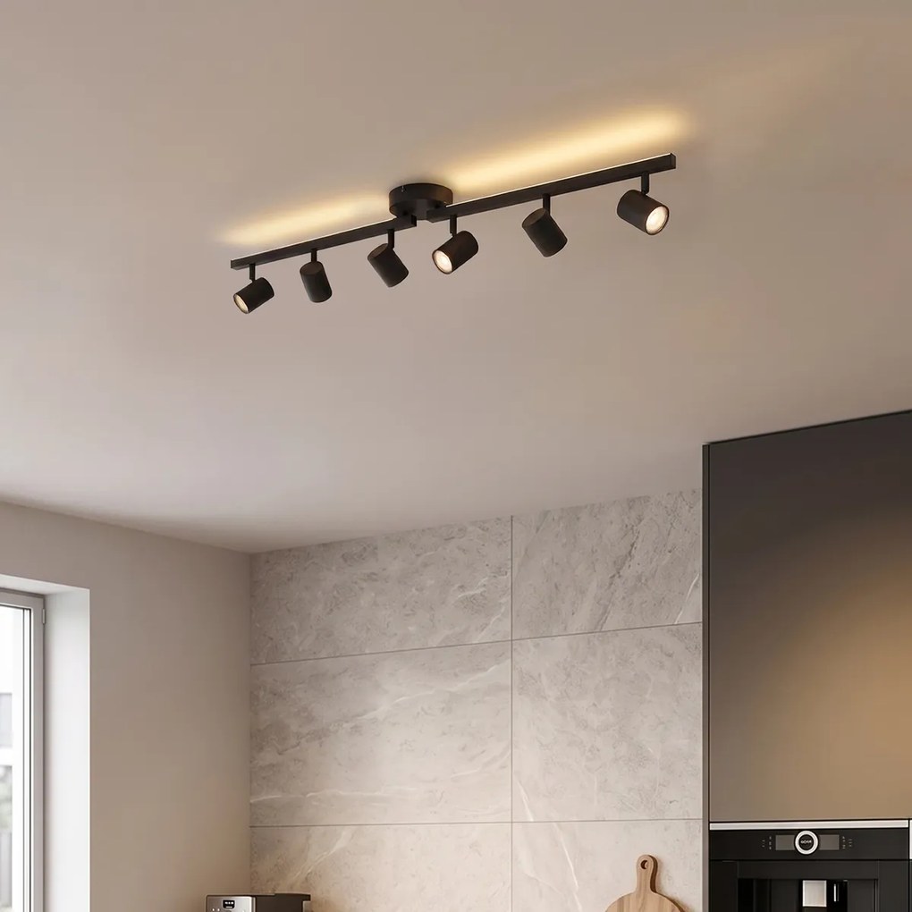 Spot de tavan modern negru cu 6 lumini GU10 de 50 mm cu iluminare de fundal și întrerupător cu 3 căi - Back Up