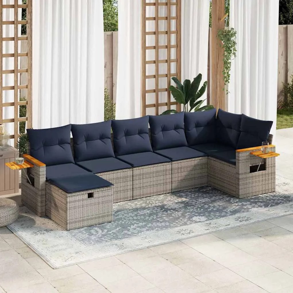 vidaXL Set canapele de grădină, 7 piese, cu perne, gri, poliratan