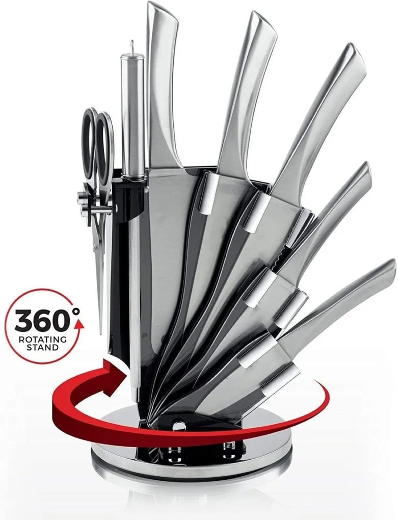 Set cutite inox cu suport Royalty line RL KSS600, cu instrument de ascutire si foarfeca de bucatarie