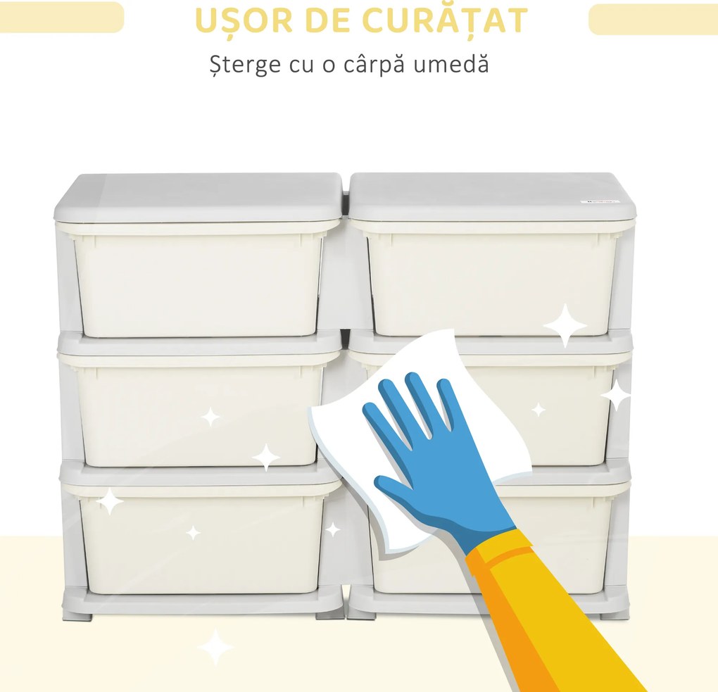 HOMCOM Comodă cu 6 Sertare pentru Copii 3-6 Ani cu Margini Rotunjite, din PP Crem, 75x37x56.5 cm | Aosom Romania