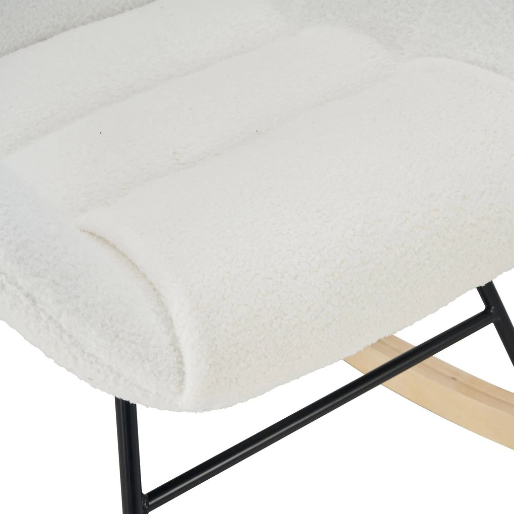 Fotoliu balansoar de relaxare cu spătar ergonomic și brațe, din catifea Teddy confortabilă, Alb
