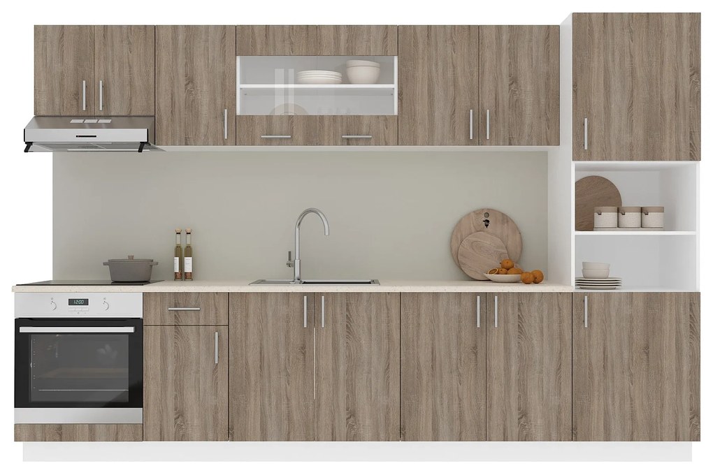 Set Bucatarie Karo V30, Stejar Sonoma Inchis/Alb, Blat Thermo 28 mm, L 320 cm