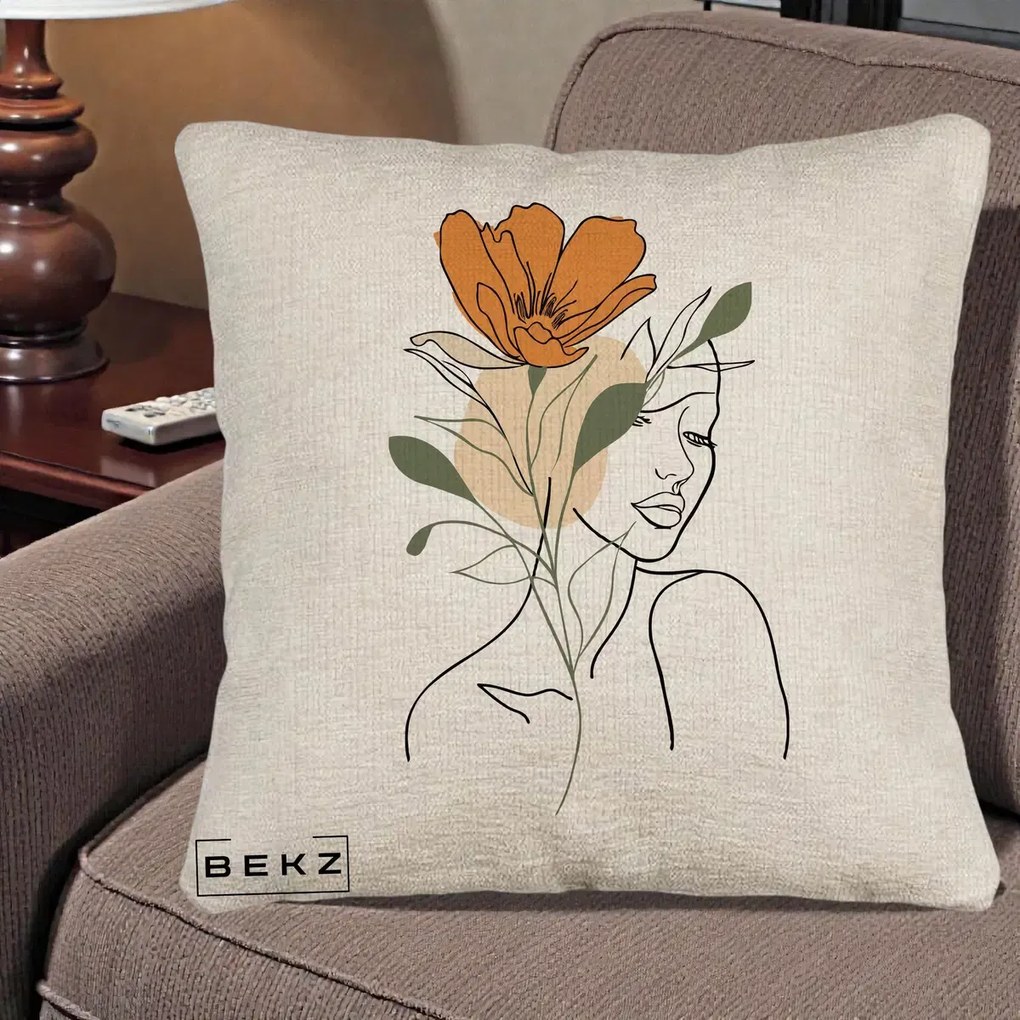 Perna Decorativa Portret Feminin Floare Portocalie, 40x40 cm, Bej Canapea, Husa Detasabila, Perna Inclusa, BEKZ®