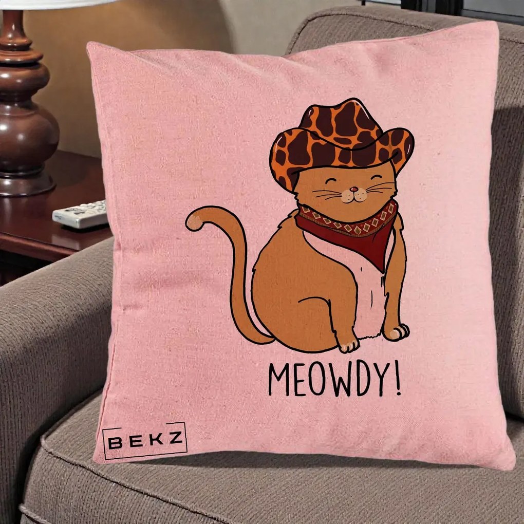 Perna Decorativa Pisica Cowboy Meowdy, 40x40 cm, Roz, Husa Detasabila, Perna Inclusa, BEKZ®
