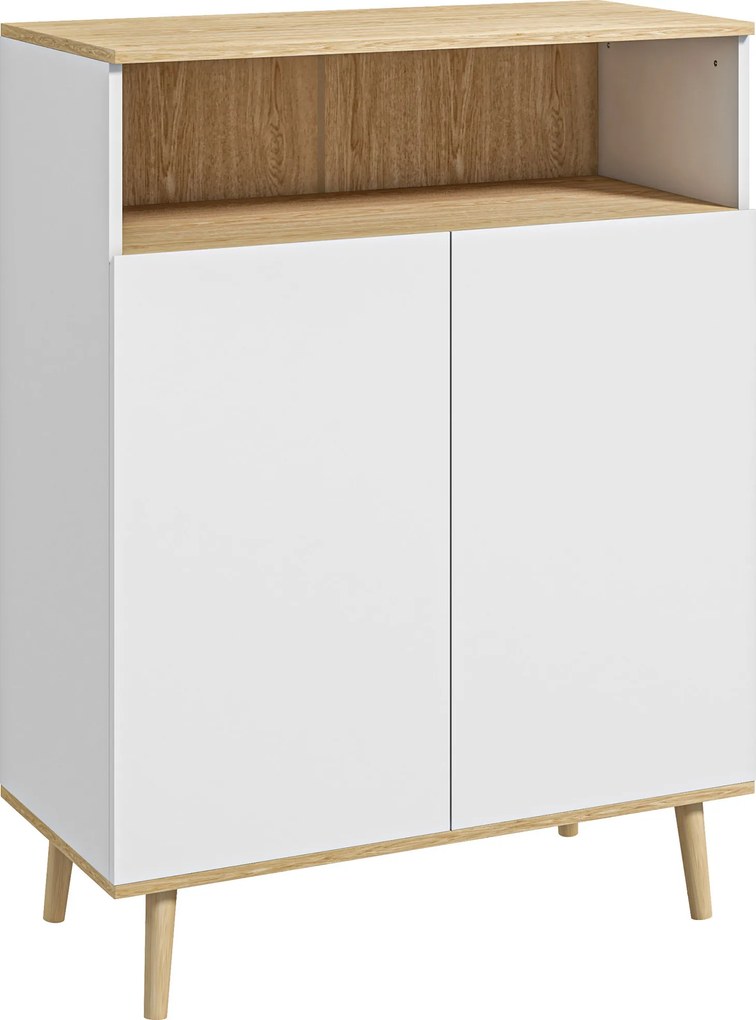HOMCOM Bufet de bucătărie scandinav cu 2 uși, raft reglabil și picioare din lemn de pin, 80x38x102 cm, alb și stejar | Aosom Romania
