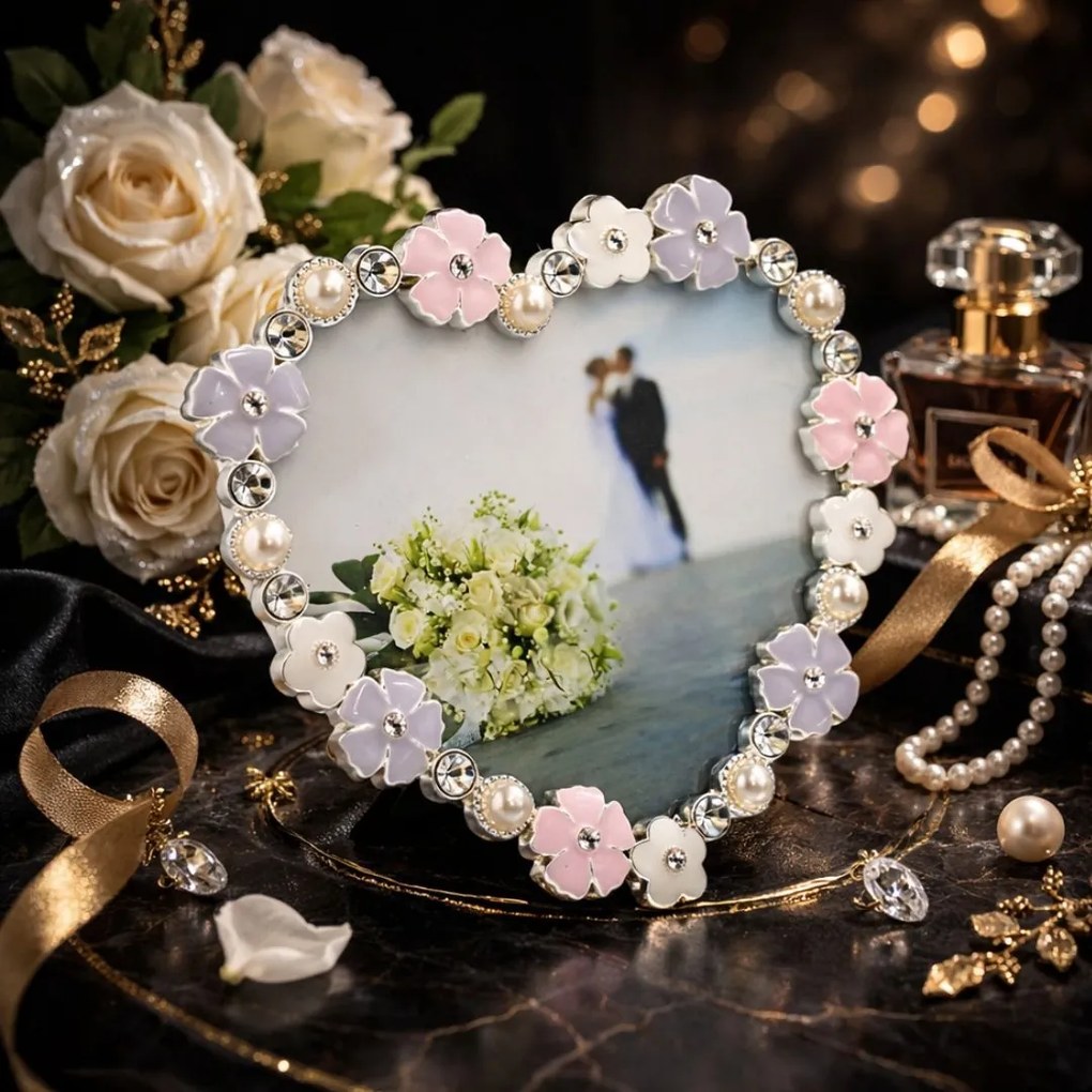 Ramă Foto Inimă AZAY cu Flori și Perle, 10x10 cm, Ramă Foto Romantică Decorativă, Cadou Nuntă / Aniversare, Cutie Cadou Inclusă