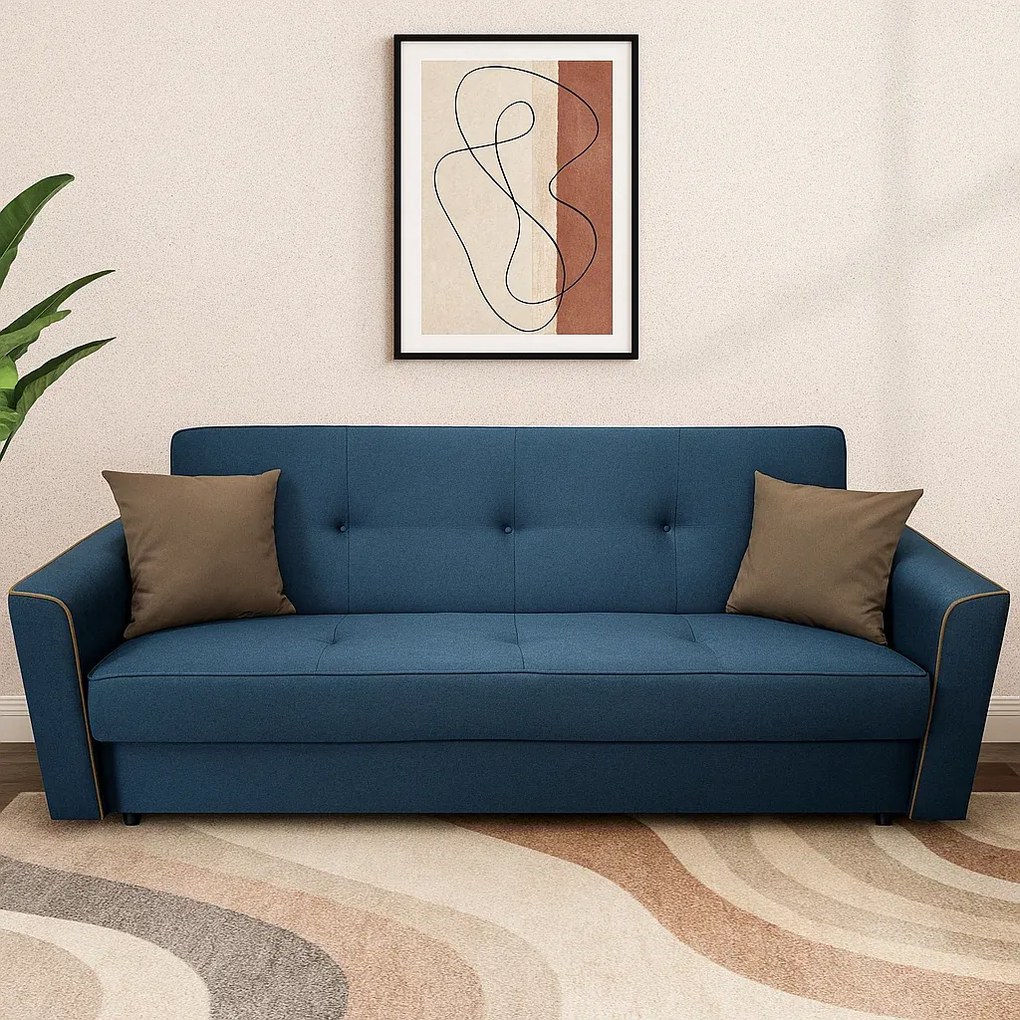 Canapea VERA extensibila, 3 locuri, lada de depozitare, stofa bleumarin + maro, 225x90x90 Bleumarin + Maro, Stofa