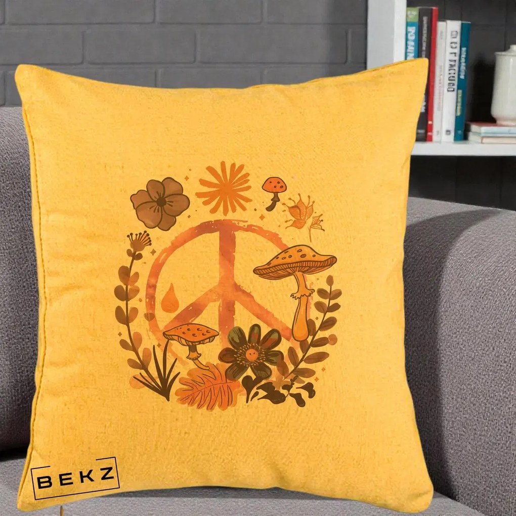 Perna Decorativa Peace Ciuperci Boho, 40x40 cm, Galben, Husa Detasabila, Perna Inclusa, BEKZ®