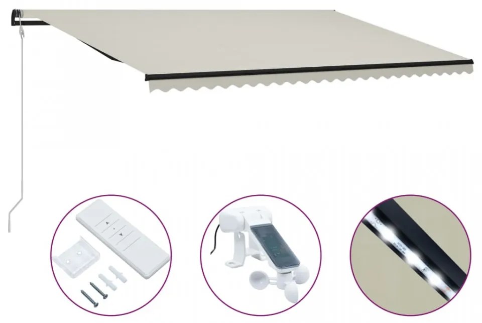 Copertină retractabilă senzor vânt & LED, crem, 600x300 cm