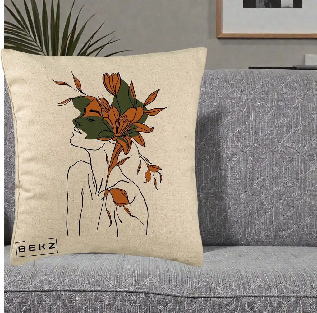 Perna Decorativa Portret Feminin Crin Auriu, 40x40 cm, Bej, Husa Detasabila, Perna Inclusa, BEKZ®