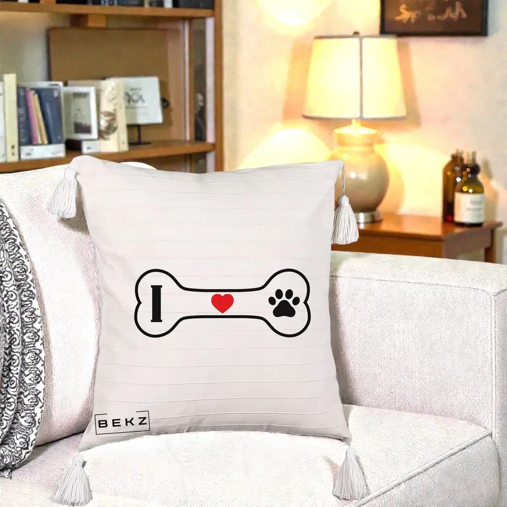 Perna Personalizata I Love Dog Os si Labuta, 40x40 cm, Bej cu Franjuri, Husa Detasabila, Perna Inclusa, BEKZ®