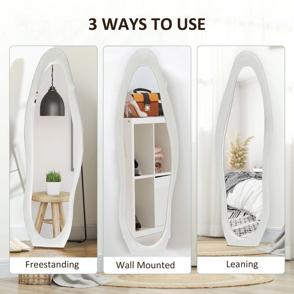 HOMCOM Oglindă cu Ramă Ondulată din Catifea, Oglindă Modernă de Podea sau Fixată pe Perete, 160x50 cm, Alb | Aosom Romania