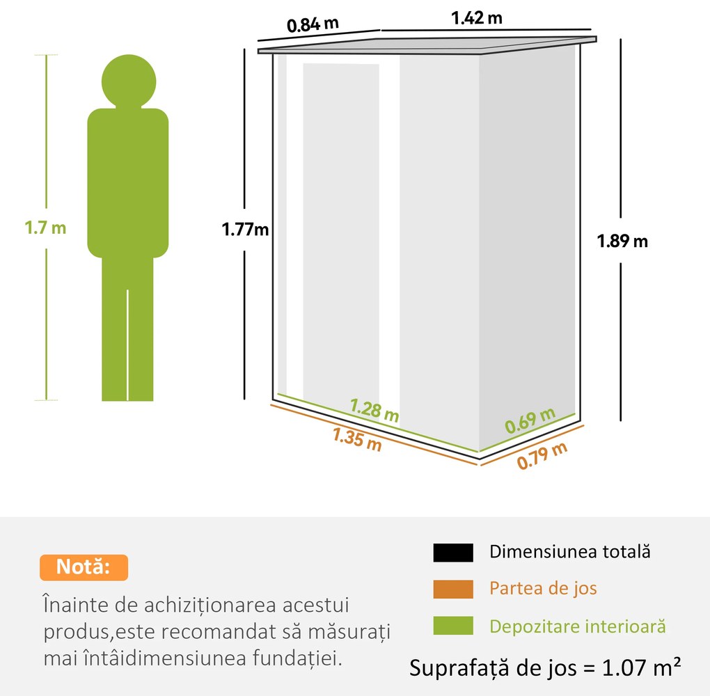 Outsunny Căsuță de Grădină cu Uși pentru Unelte. din Tablă de Oțel, 142x84x189 cm, Gri | Aosom Romania