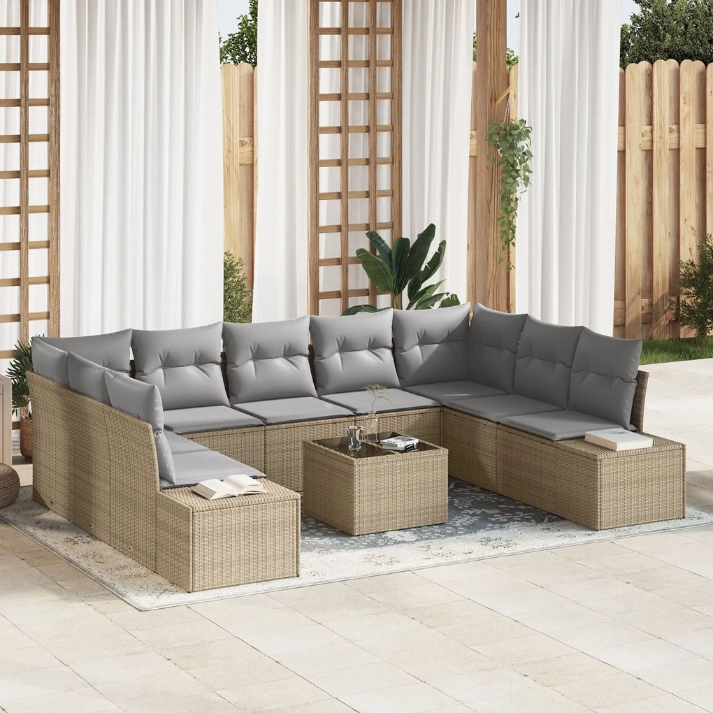 vidaXL Set de canapele pentru grădină cu pernă 10 pcs Bej Rattan poli