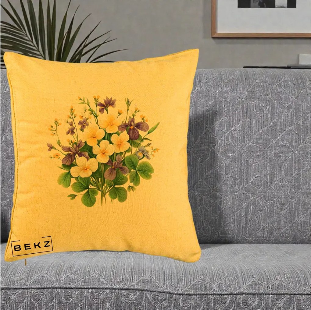 Perna Decorativa Viorele Iris Violet si Trifoi, 40x40 cm, Galben, Husa Detasabila, Perna Inclusa, BEKZ®