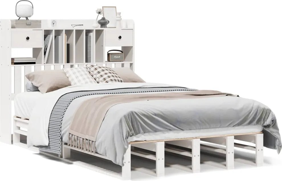 vidaXL Pat cu bibliotecă fără saltea, alb, 135x190 cm, lemn masiv pin