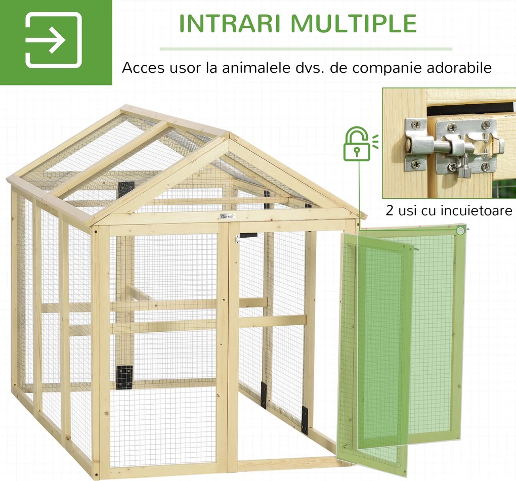 PawHut Adăpost pentru Găini de Exterior din Lemn, Cușcă cu Uși Multiple și Plasă Metalică, 140x88.5x106 cm, culoare Lemn | Aosom Romania
