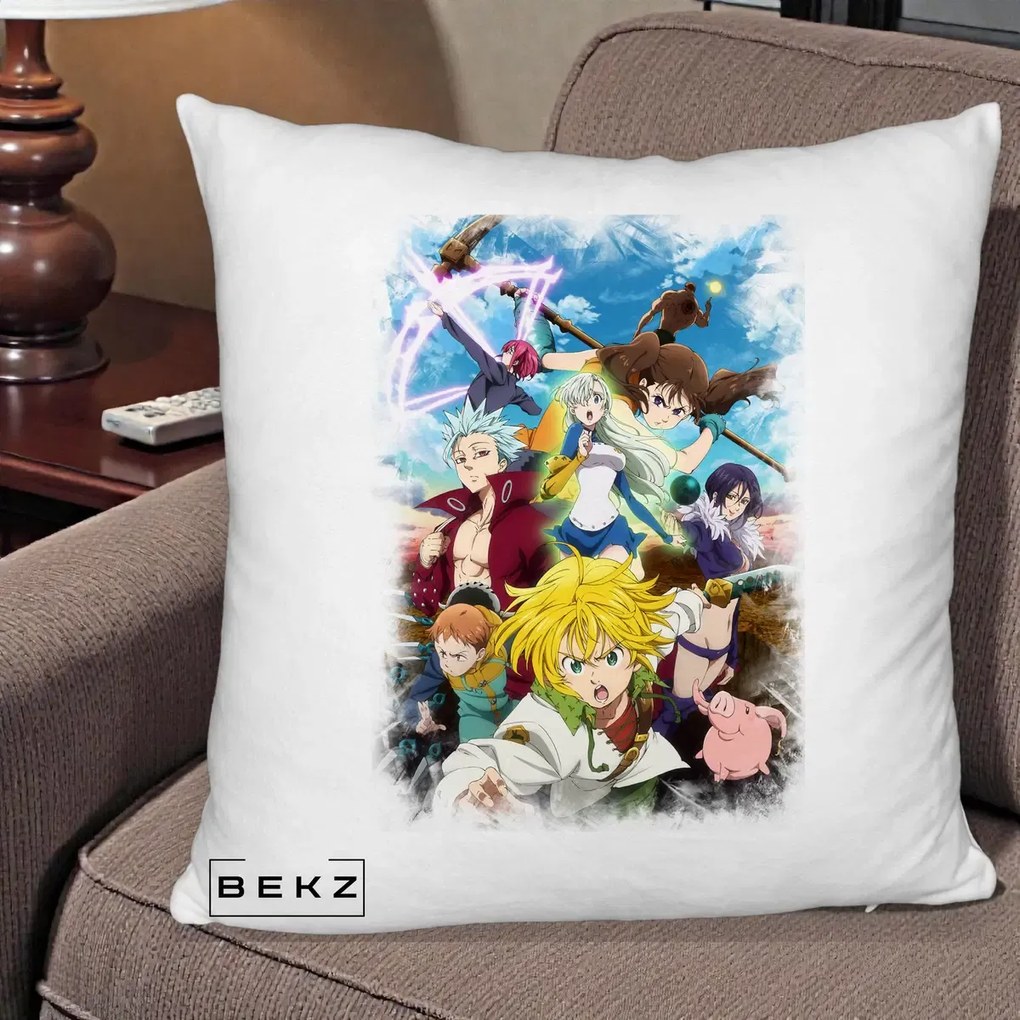 Perna Personalizata Nanatsu no Taizai Cele Sapte Pacate Mortale Anime, 40x40 cm, Alb Pufos, Husa Detasabila, Perna Inclusa, BEKZ®