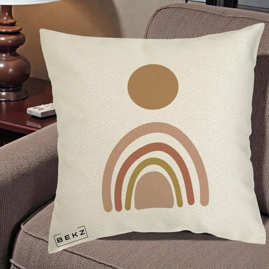Perna Decorativa Boho Rainbow Sun, 40x40 cm, Ecru, Husa Detasabila, Perna Inclusa, BEKZ®