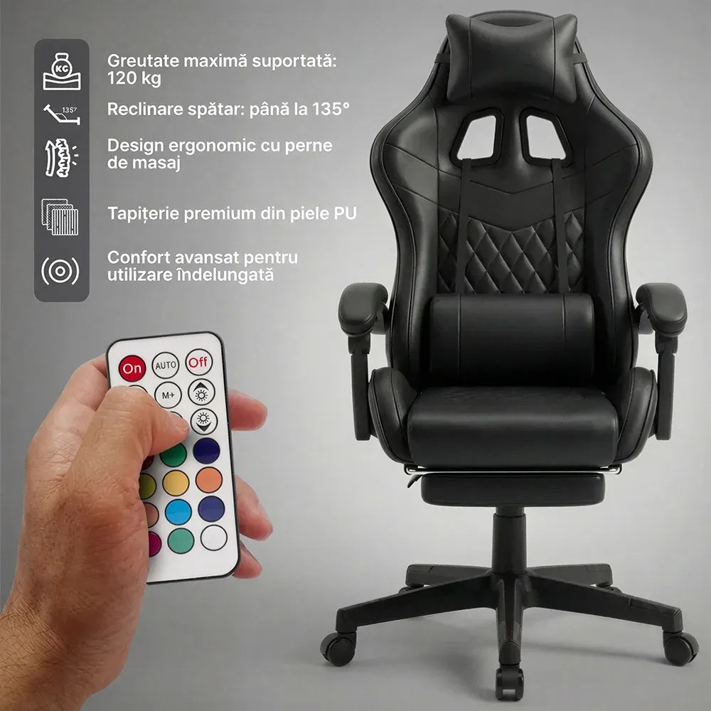 Scaun gaming, sistem iluminare bandă LED RGB, masaj în perna lombară, suport picioare, Negru