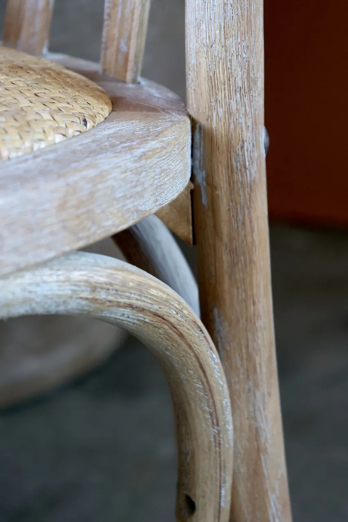 Scaun dining din lemn de hevea, ratan și răchită, bej, cu spătar din baghete curbate încrucișate, finisaj décapé, 89,5 x 50,5 x 53 cm, „Lisette”