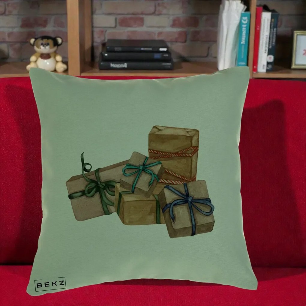 Perna Decorativa Cadouri de Craciun Kraft, 40x40 cm, Verde, Husa Detasabila, Perna Inclusa, BEKZ®