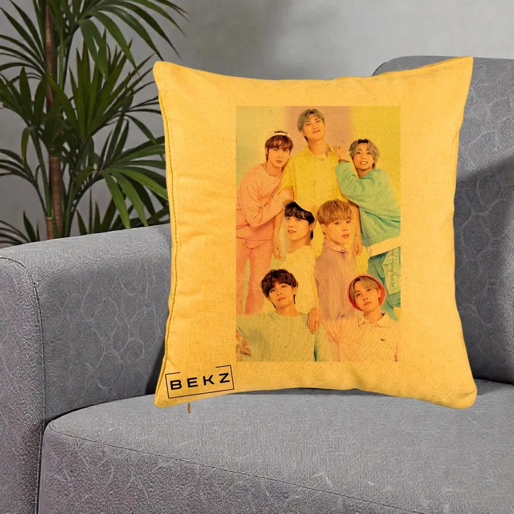 Perna Personalizata K-pop BTS Foto Grup Pastel Colorat cu 7 Membrii, 40x40 cm, Galben, Husa Detasabila, Perna Inclusa, BEKZ®