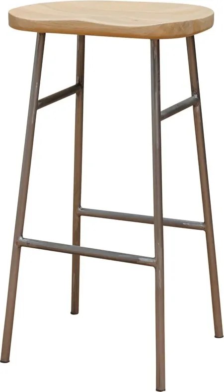 Scaun de bar din lemn de mango și metal, natur, în stil industrial, cu șezut curbat și suport pentru picioare, 76 x 42 x 37 cm, „Hinto”