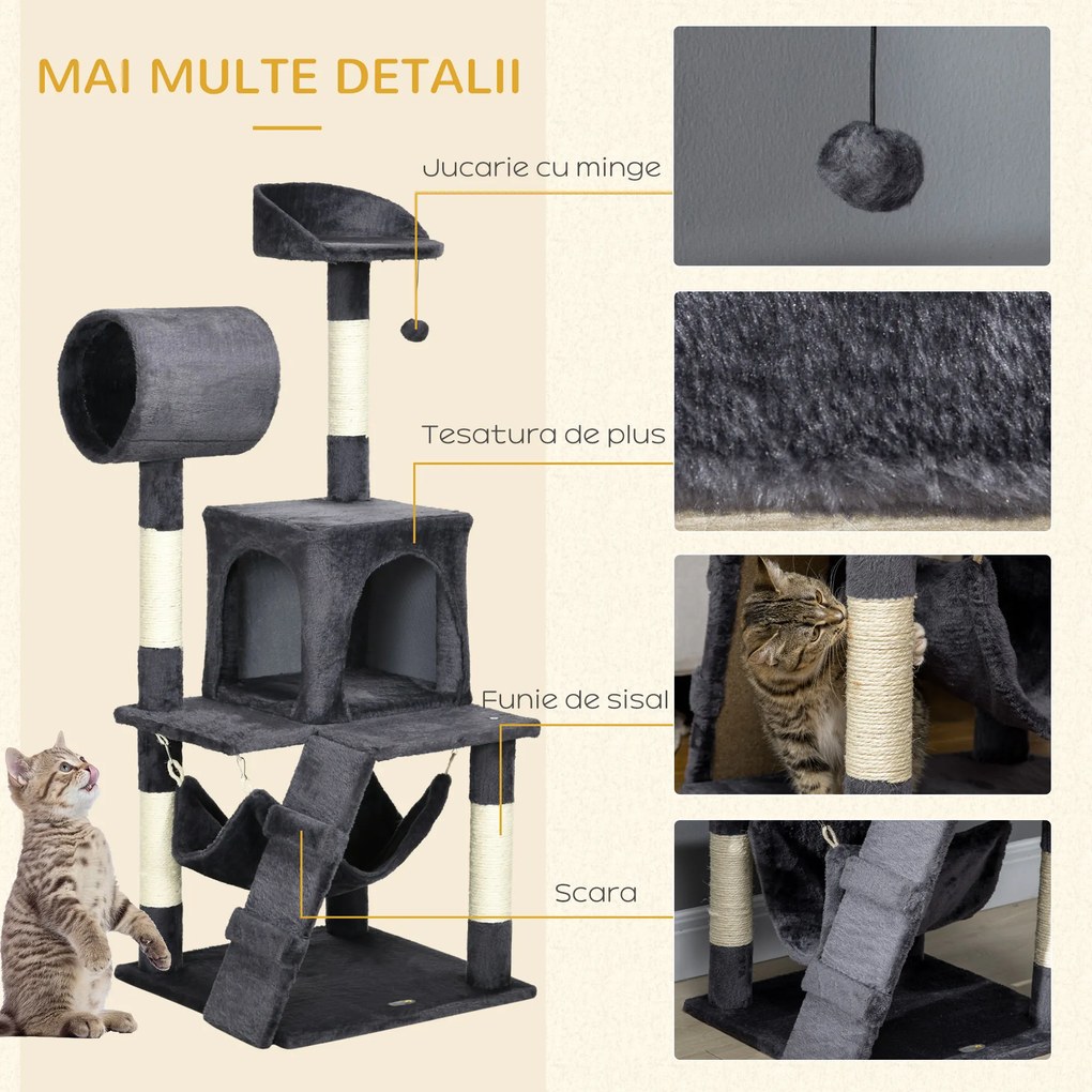 Ansamblu pentru pisici de interior din plus si sisal cu stalpi pentru zgariat, Casa, hamac, 48x48x125cm gri PawHut | Aosom RO