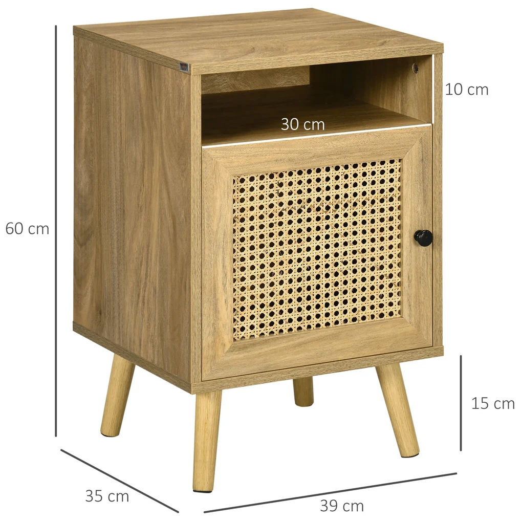 HOMCOM Set 2 Noptiere Moderne cu Dulap și Raft Deschis PAL Ratan MDF pentru Dormitor și Living 39x35x60 cm | Aosom Romania