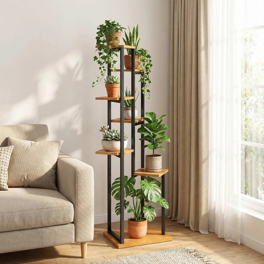 Outsunny Suport de plante cu 7 niveluri, 130 cm înălțime, suport de flori în trepte din lemn, pe mai multe niveluri, maro deschis | Aosom Romania