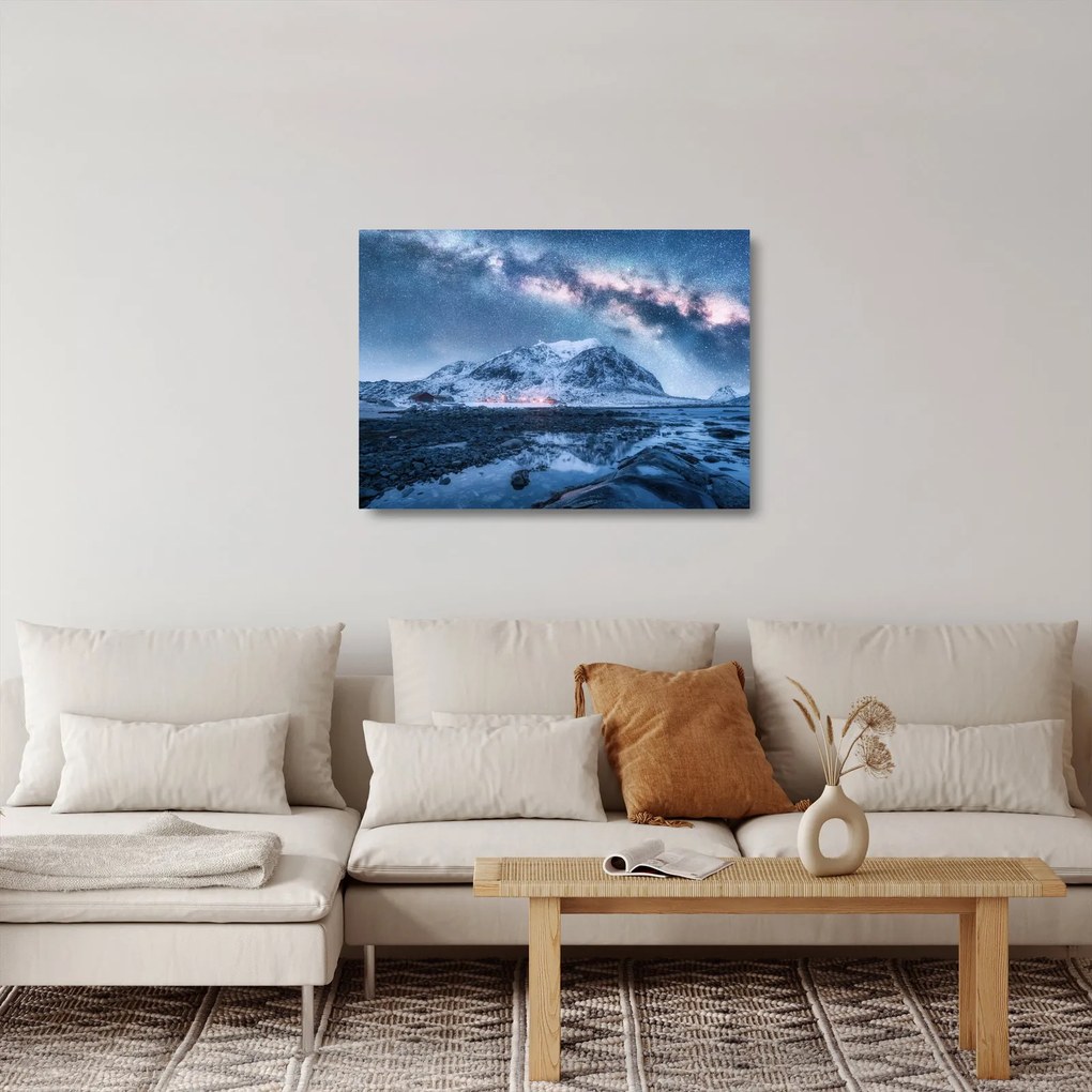 Tablou pe sticlă cu munți și ceul cu stele (70x50 cm)