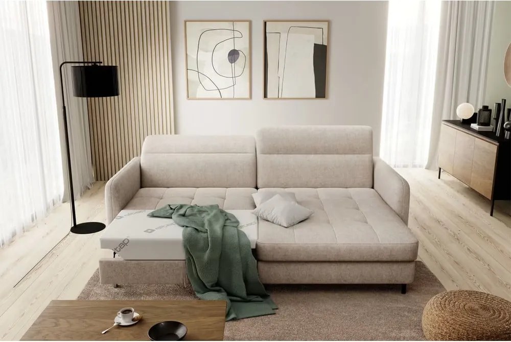 Colțar bej extensibil/cu spațiu de depozitare cu tapițerie din chenille (cu colț pe partea dreaptă/cu șezlong) Gomsi – ELTAP