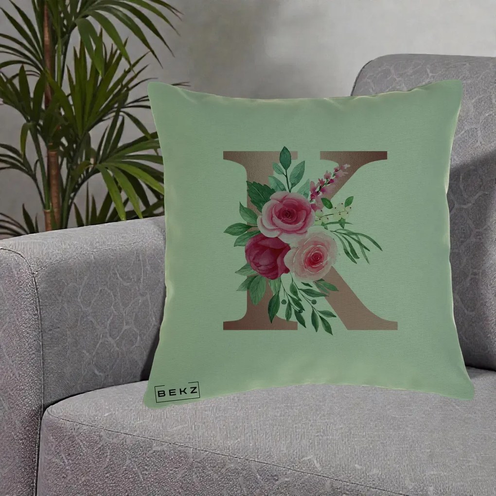 Cadou Personalizat - Perna Personalizata Monograma Rose Gold Litera K, 40x40 cm, Verde, Husa Detasabila, Perna Inclusa, BEKZ®