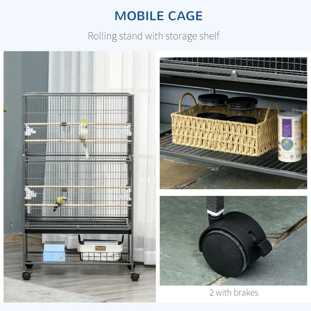 Cusca papagali de Interior din Otel si Lemn cu Tavă Detasabila, 4 Roți, Recipient pentru Alimente 78x52x132cm, Gri Inchis PawHut | Aosom Romania