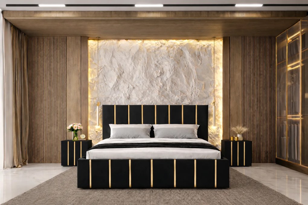 Pat tapitat Hugo 180x200 cm, Negru + Saltea Superortopedica Gold, grosime 20 cm + Set 2 noptiere Hugo, Negru