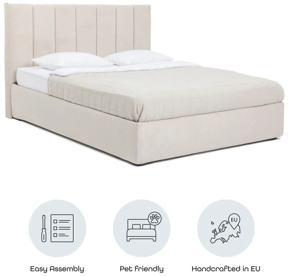 Pat matrimonial bej tapițat cu spațiu de depozitare cu somieră 160x200 cm Thessa Bold Line – Bonami Selection