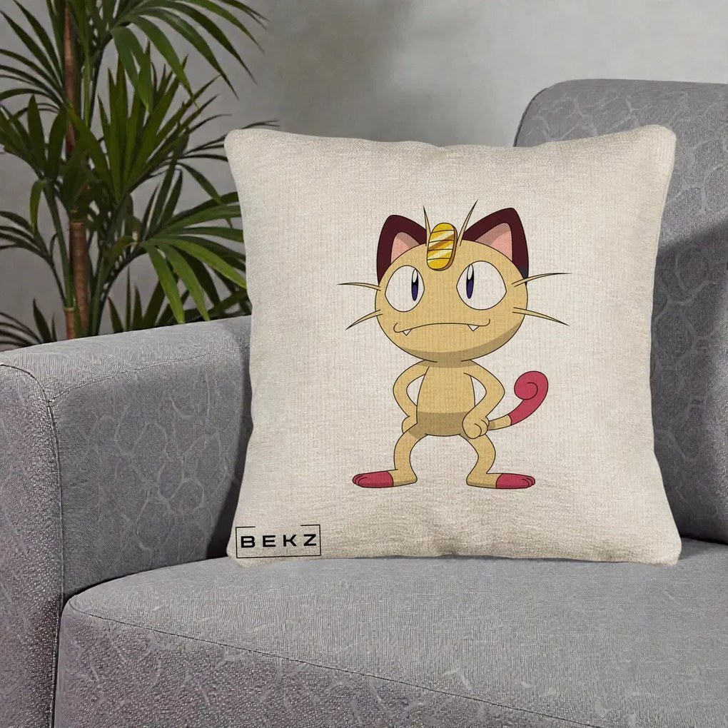 Perna Personalizata Meowth Pokemon, 40x40 cm, Bej Canapea, Husa Detasabila, Perna Inclusa, BEKZ®