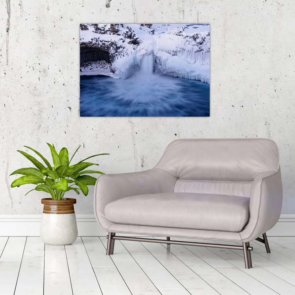 Tablou pe sticlă cu cascadele iarna (70x50 cm)