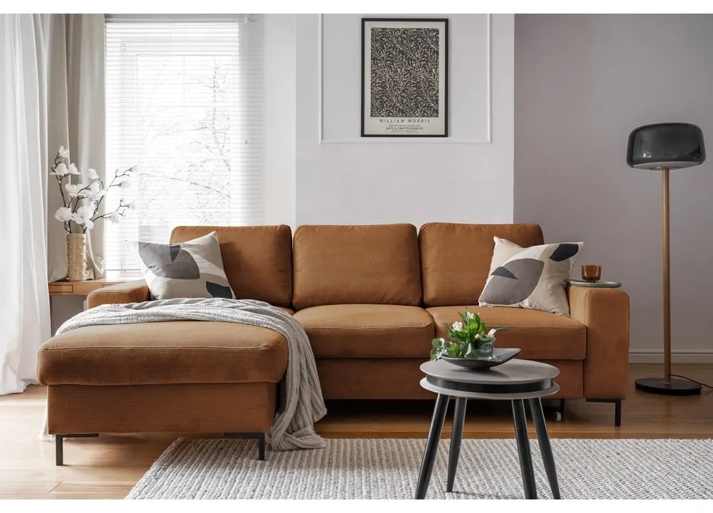 Colțar portocaliu/maro extensibil cu tapițerie din catifea reiată (cu colț pe partea stângă ) Lofty Lilly – Miuform